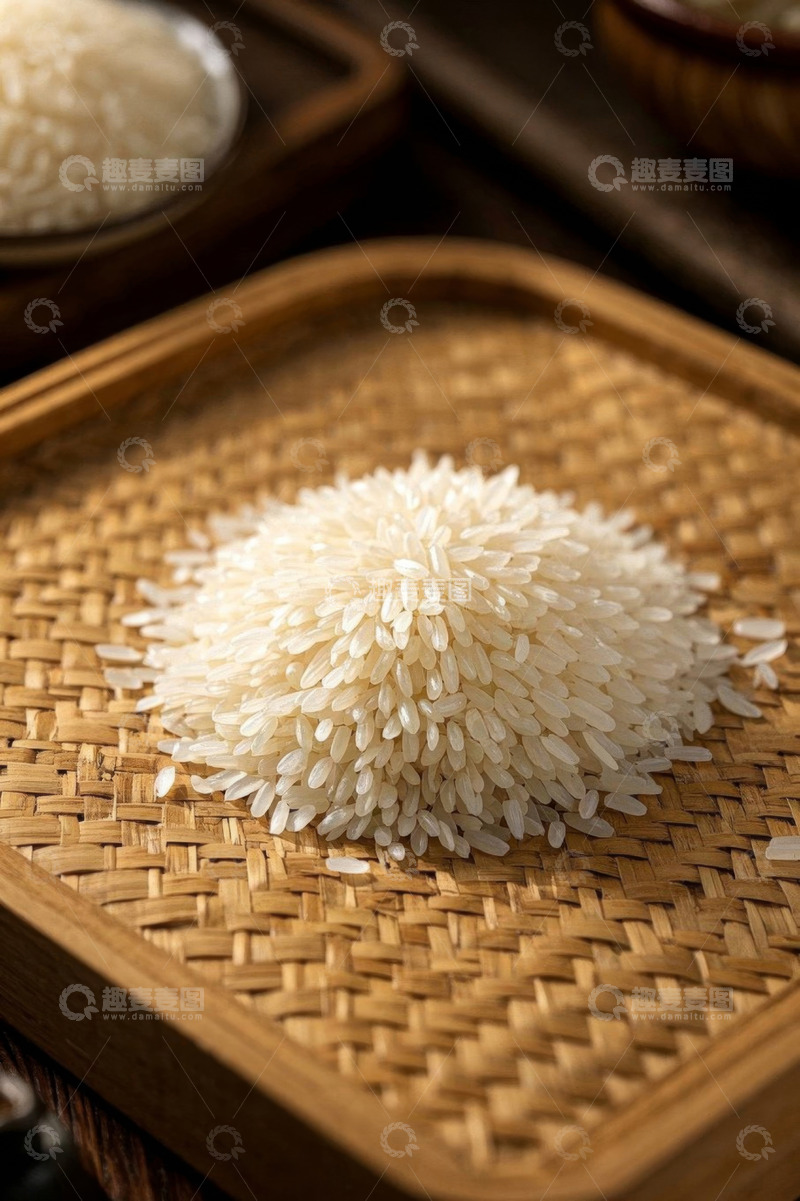 高清大图下载【趣麦麦图】竹盘上的新鲜大米特写