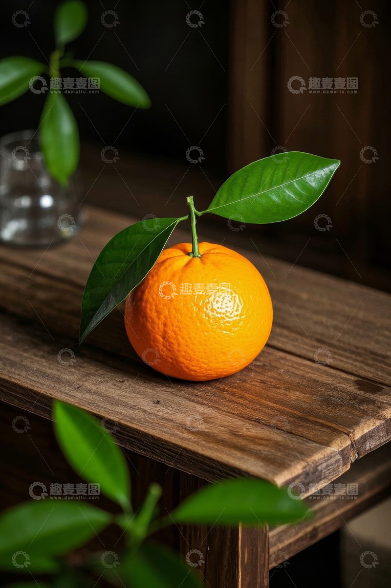 高清大图下载【趣麦麦图】木桌上带绿叶的新鲜橘子