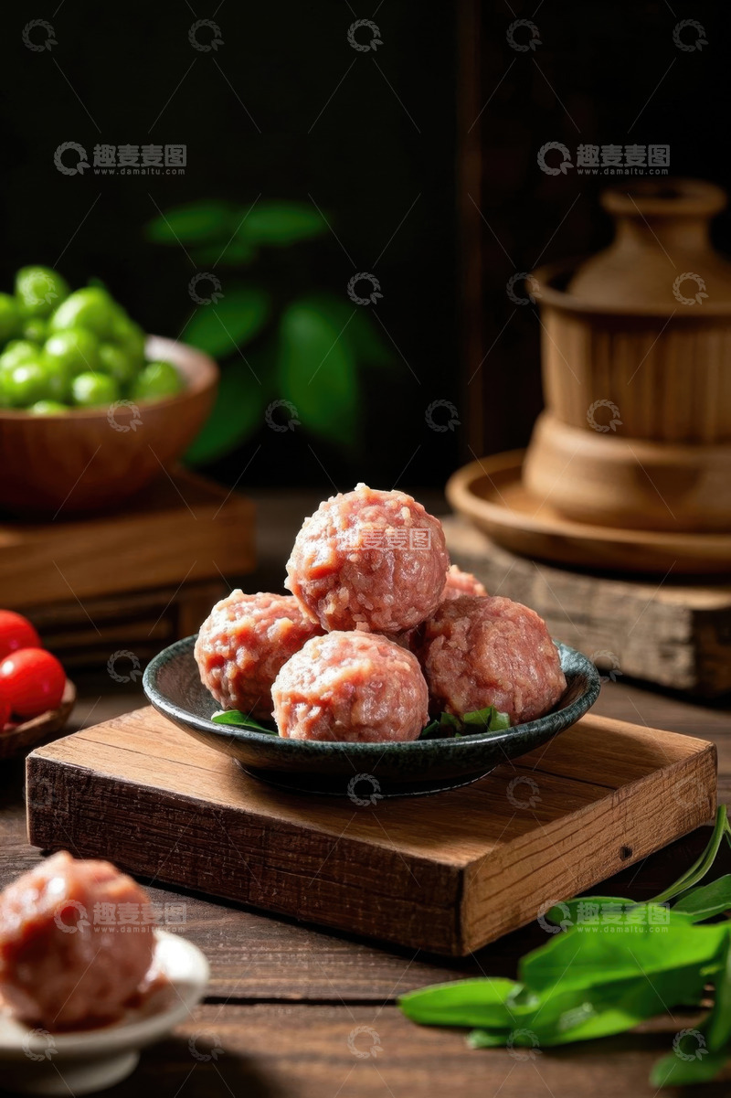 高清大图下载【趣麦麦图】木盘上摆放的新鲜肉丸