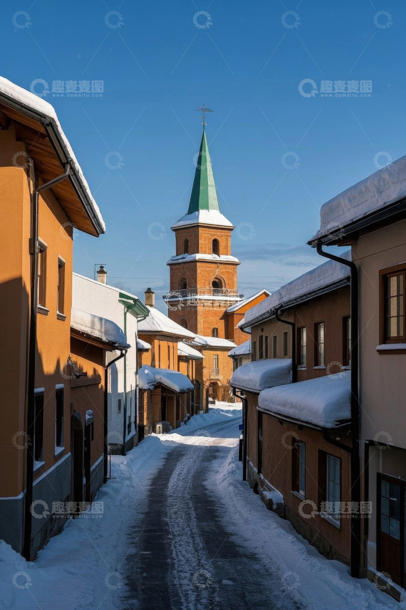 高清大图下载【趣麦麦图】冬日欧洲小镇积雪街道景观
