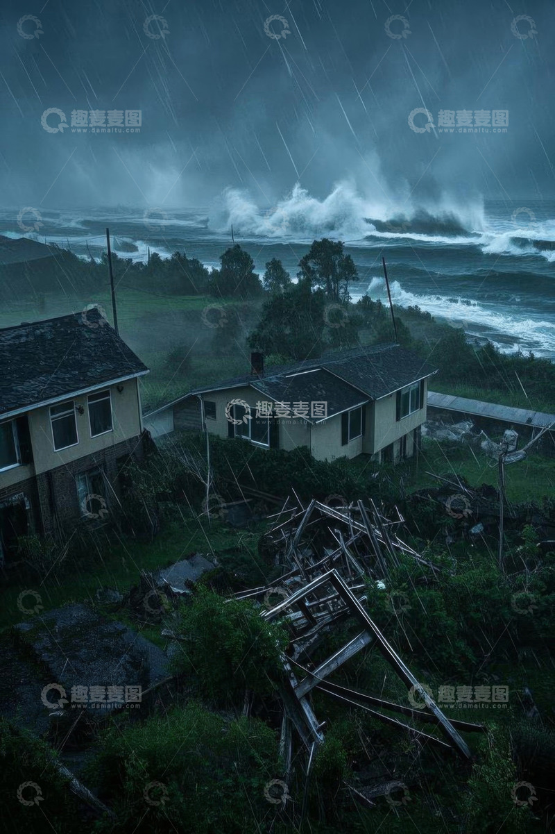 高清大图下载【趣麦麦图】海边房屋遭遇风雨侵袭景象