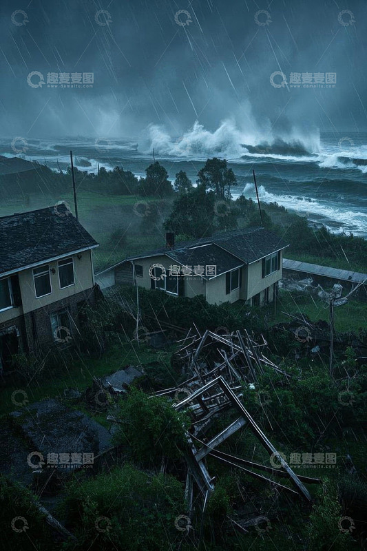 海边房屋遭遇风雨侵袭景象