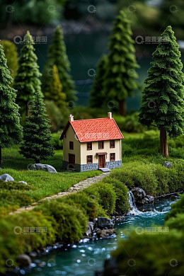 溪边小屋与绿植景观