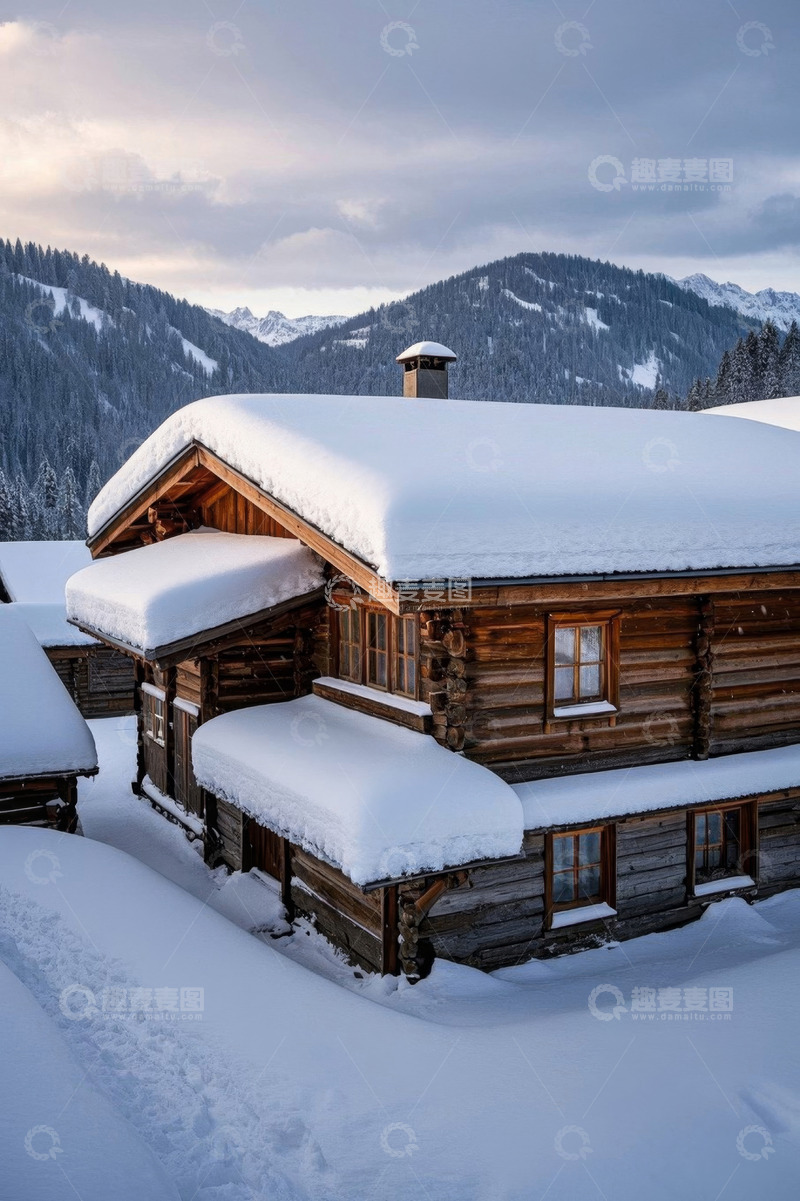 高清大图下载【趣麦麦图】雪山下被积雪覆盖的木屋