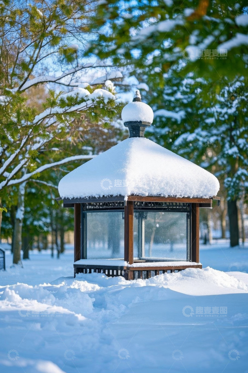 高清大图下载【趣麦麦图】雪后公园中的木质亭子