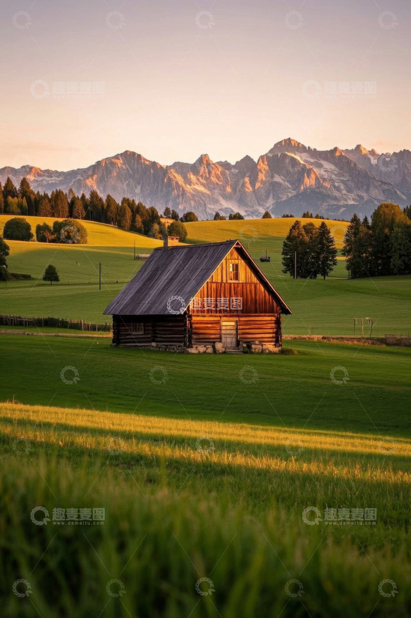 高清大图下载【趣麦麦图】山间木屋旁的草原风光