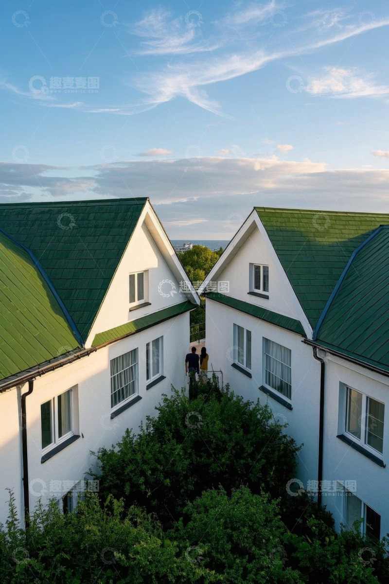 高清大图下载【趣麦麦图】两栋白房子间的行人与绿植景观