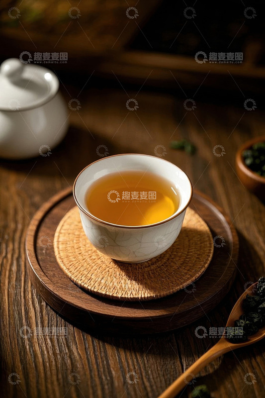 木质桌面上的茶杯与茶叶
