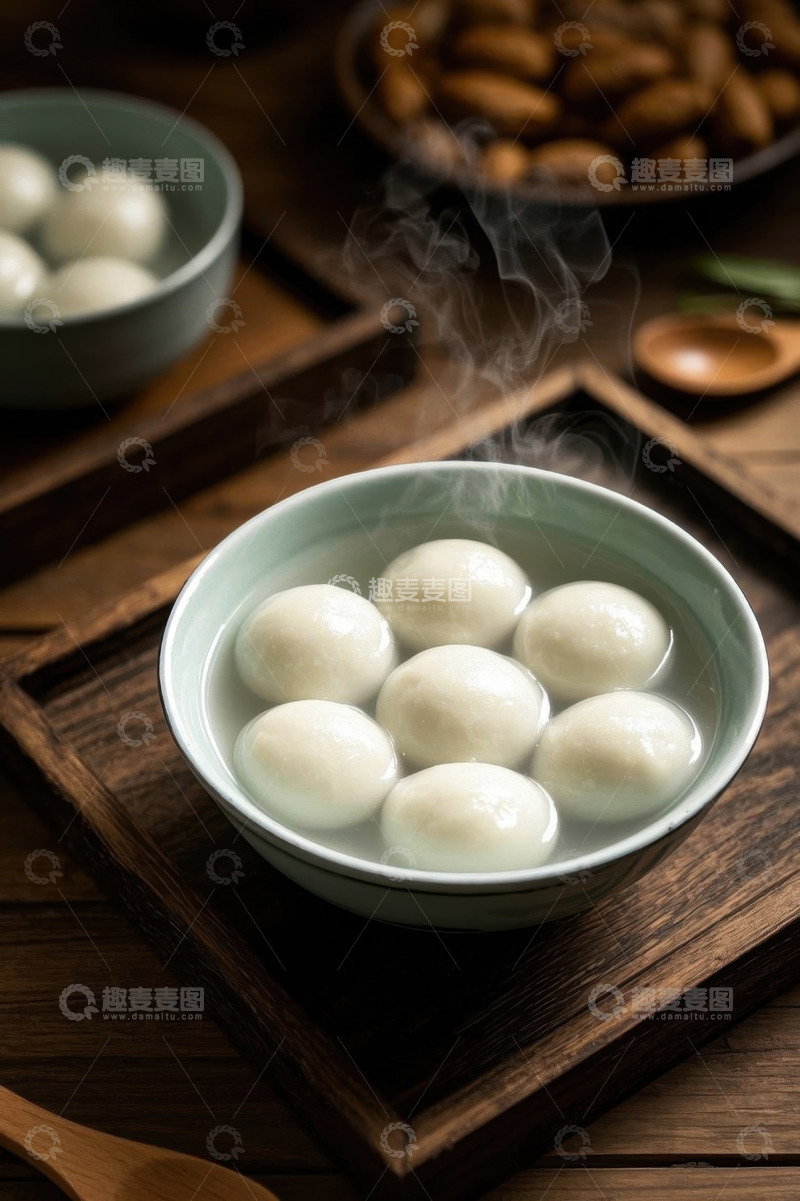 高清大图下载【趣麦麦图】木托盘上热气腾腾的汤圆