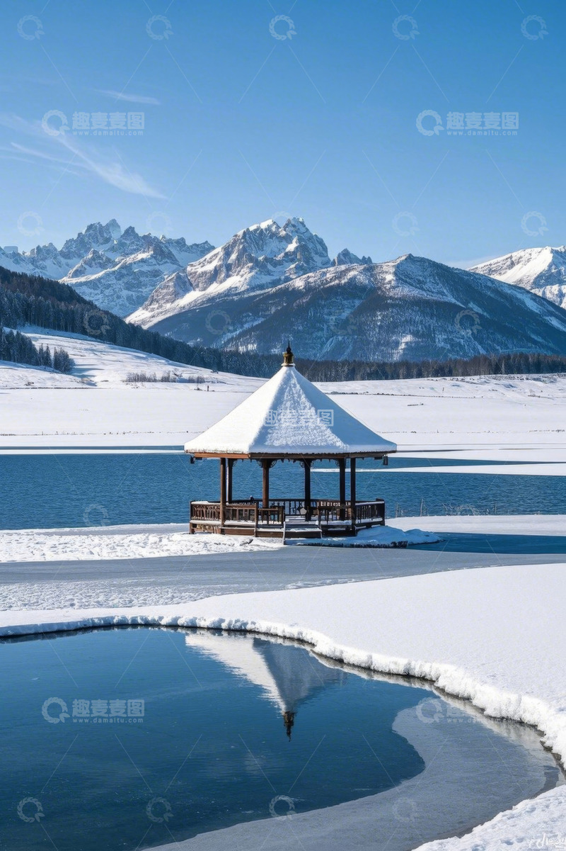 高清大图下载【趣麦麦图】雪后湖边木亭与远山景观