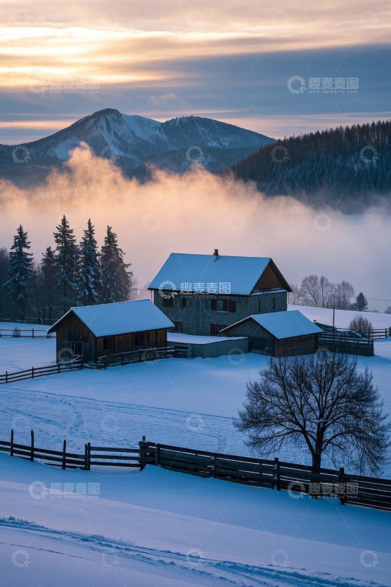 高清大图下载【趣麦麦图】雪后山间木屋自然风光