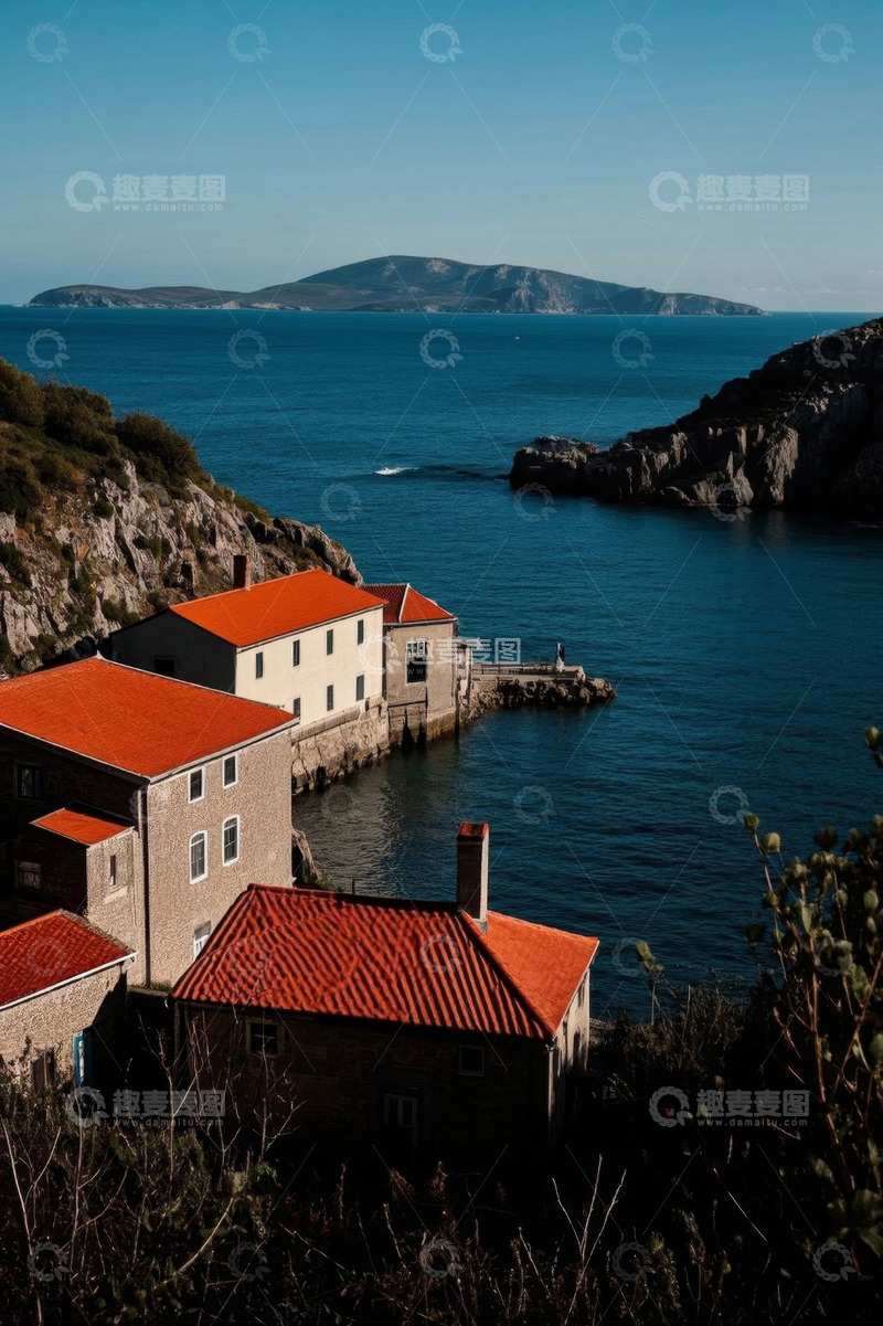 高清大图下载【趣麦麦图】海岸红顶建筑与海景风光