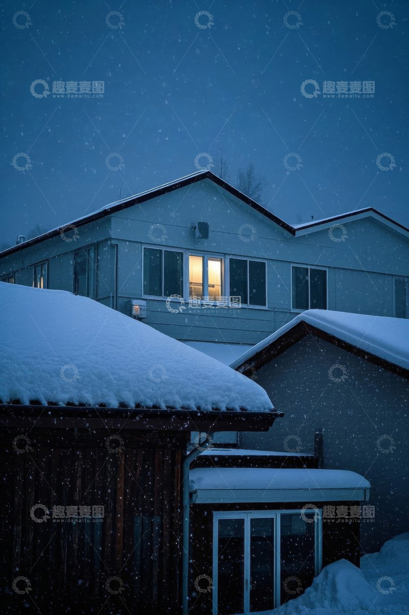高清大图下载【趣麦麦图】雪夜中的温馨住宅