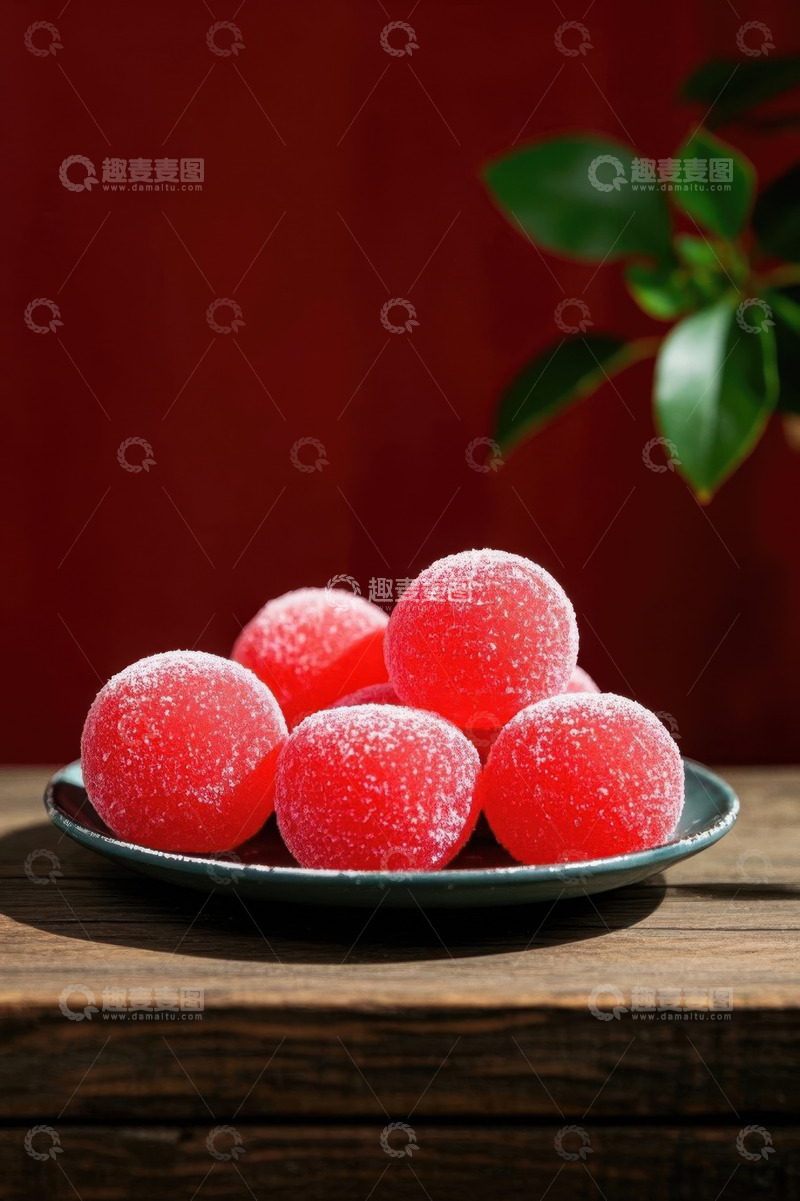 高清大图下载【趣麦麦图】木盘上的红色糖霜糖果