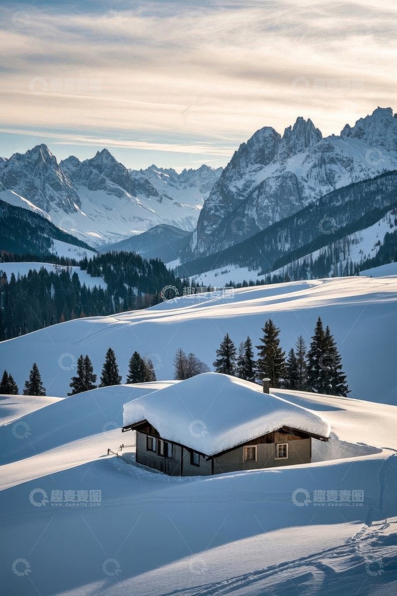 高清大图下载【趣麦麦图】雪山下被积雪覆盖的小屋