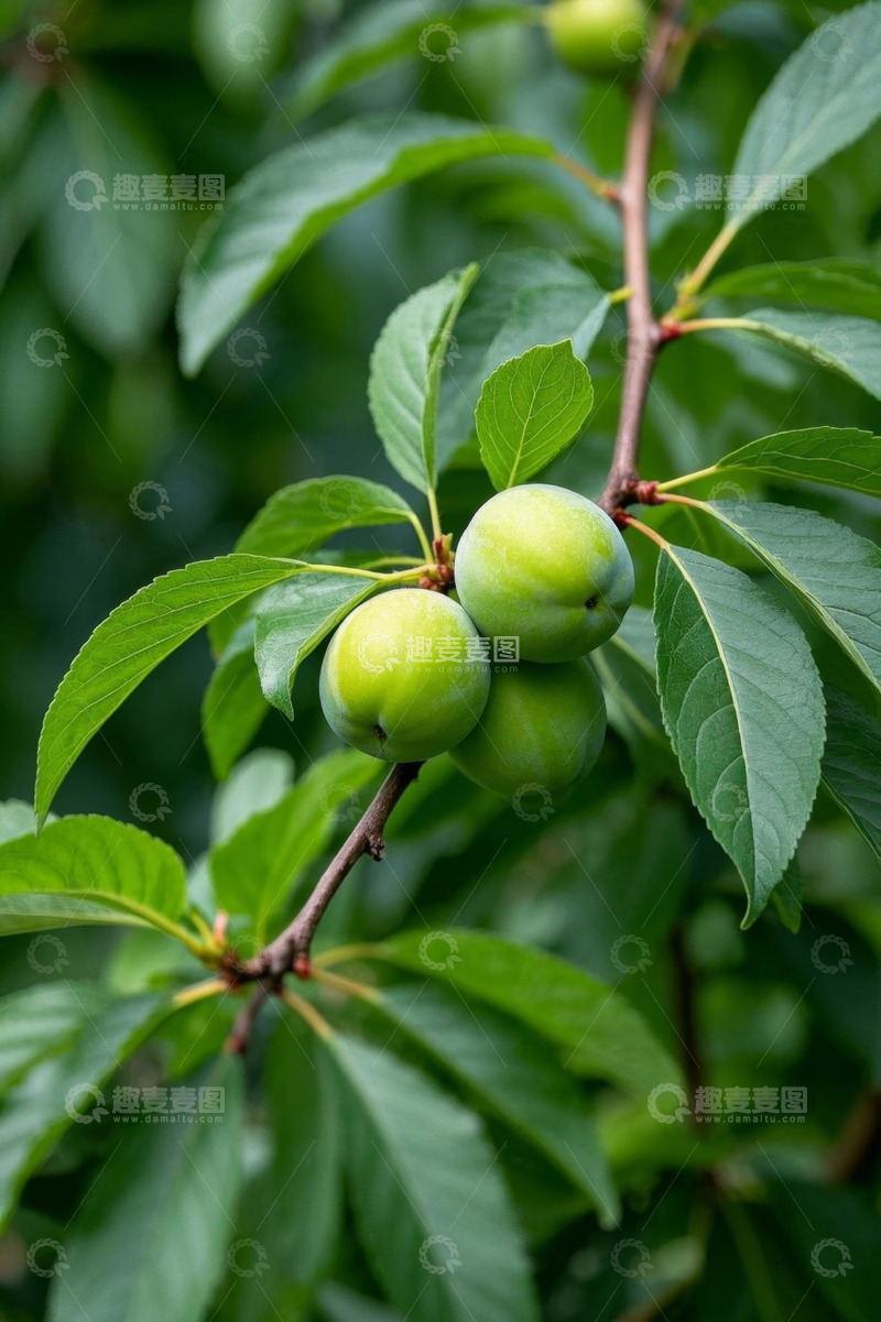 高清大图下载【趣麦麦图】枝头青绿色李子与绿叶特写