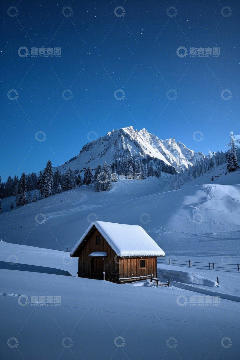 高清大图下载【趣麦麦图】雪山下的木屋雪景