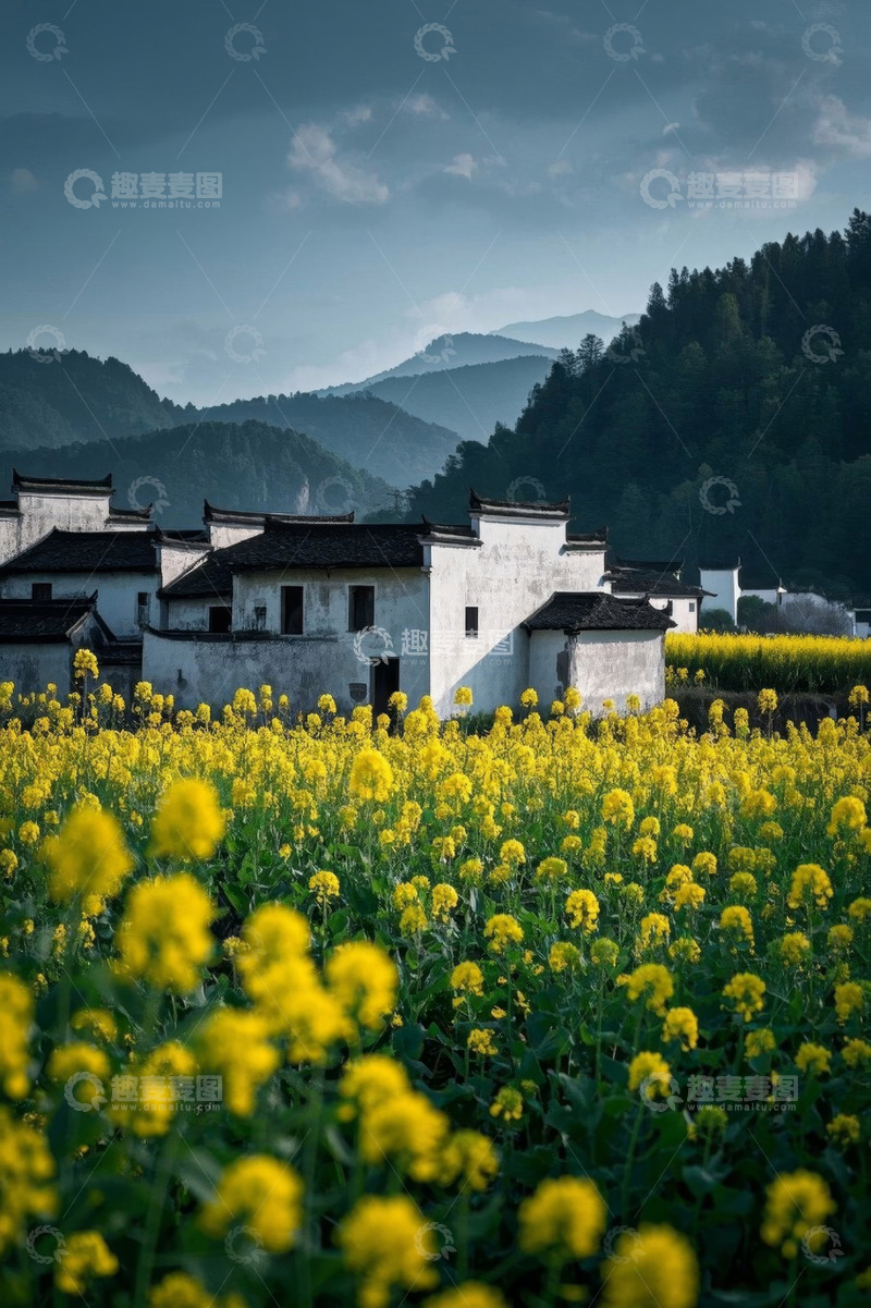 高清大图下载【趣麦麦图】油菜花田旁的徽派民居