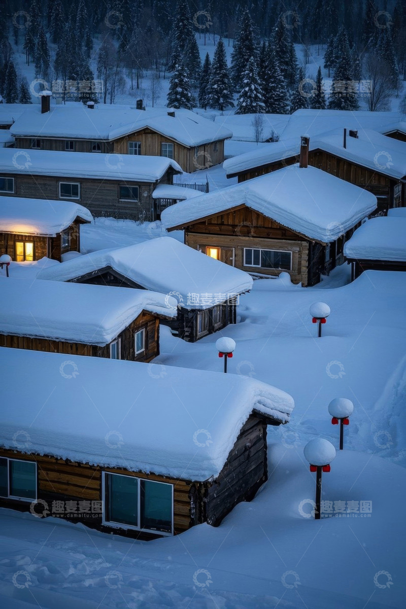 高清大图下载【趣麦麦图】雪覆盖的木屋村落景象