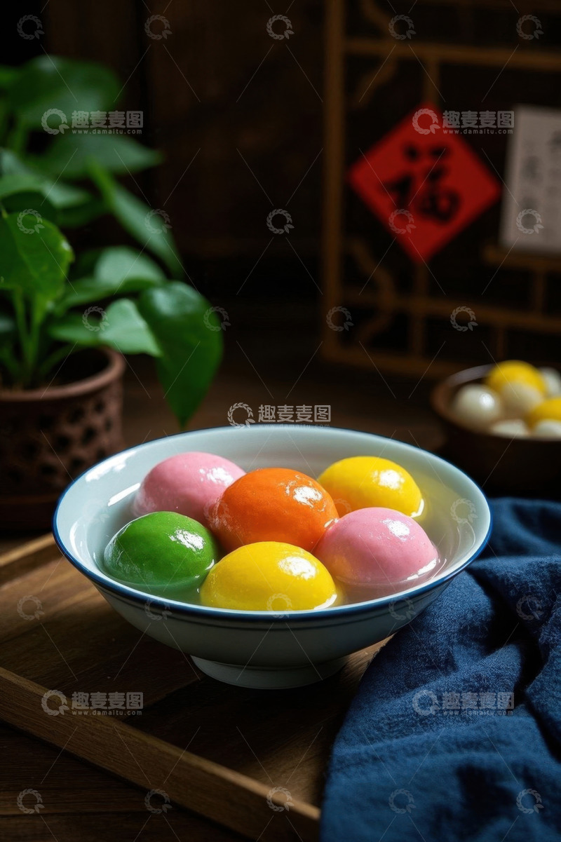 高清大图下载【趣麦麦图】碗中多彩汤圆中式风格画面