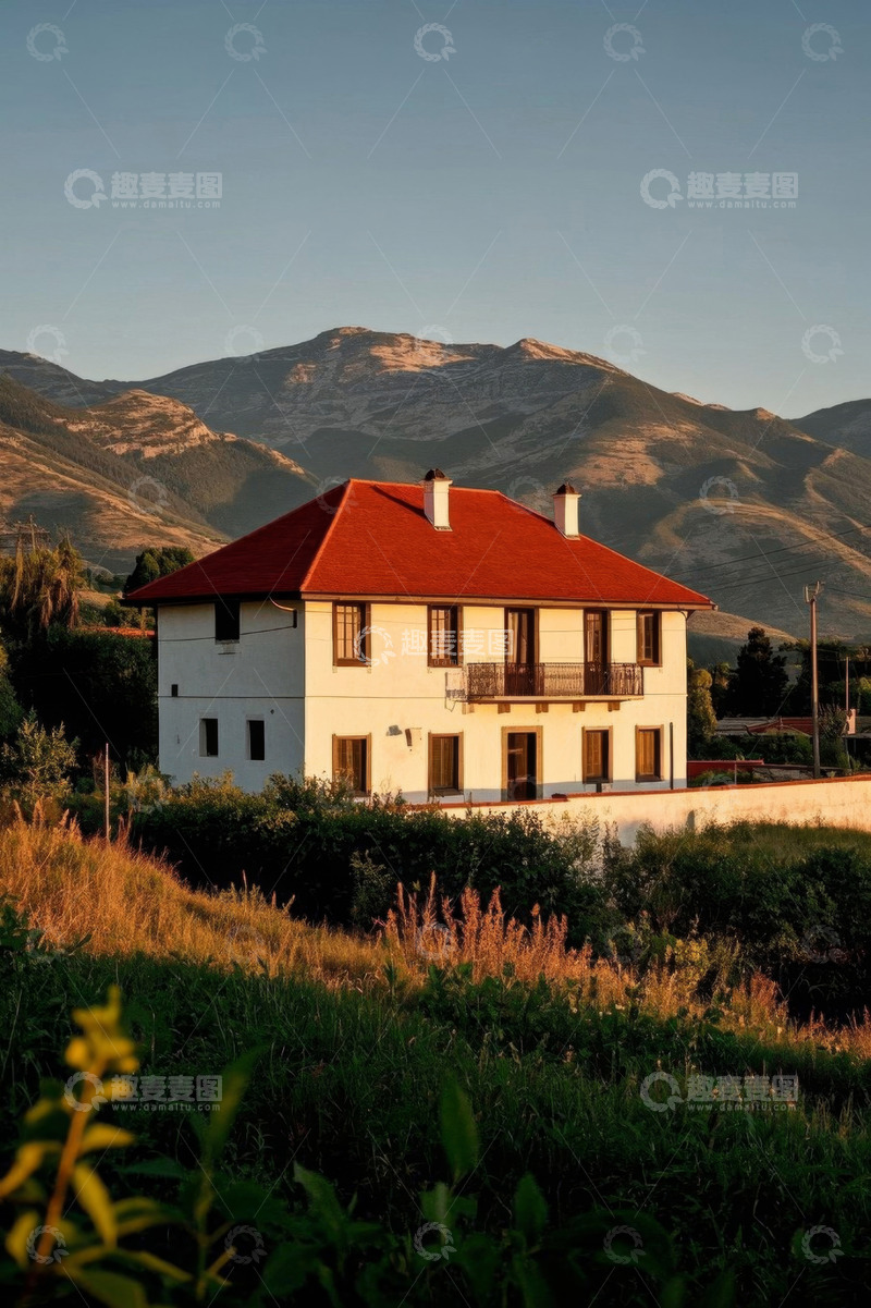 高清大图下载【趣麦麦图】山景旁带红顶的白色房屋
