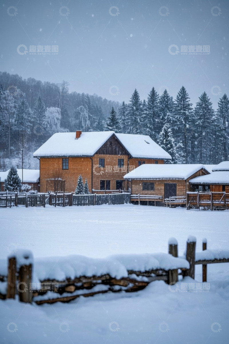 高清大图下载【趣麦麦图】雪天森林中的木屋场景