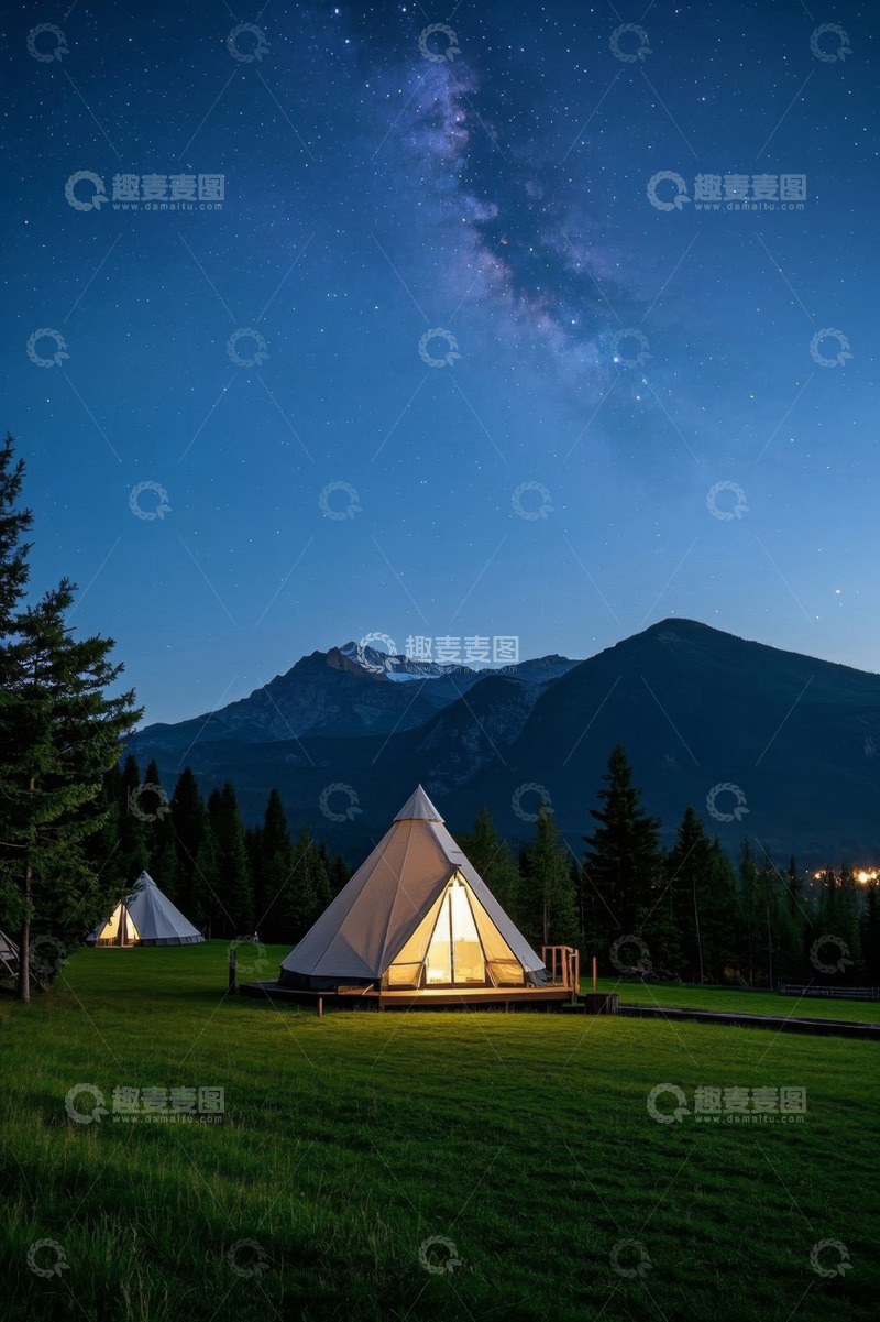 高清大图下载【趣麦麦图】山间草地星空下的露营帐篷