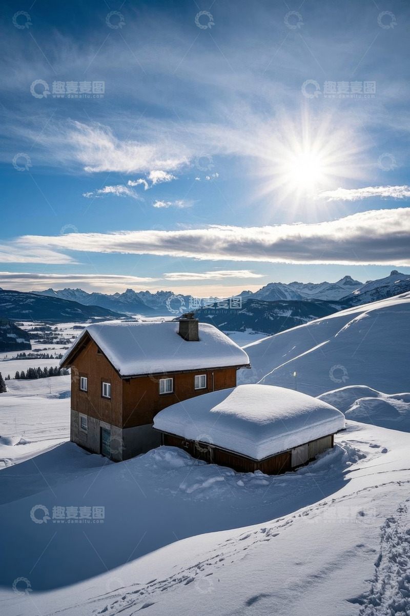 高清大图下载【趣麦麦图】雪山中被积雪覆盖的木屋