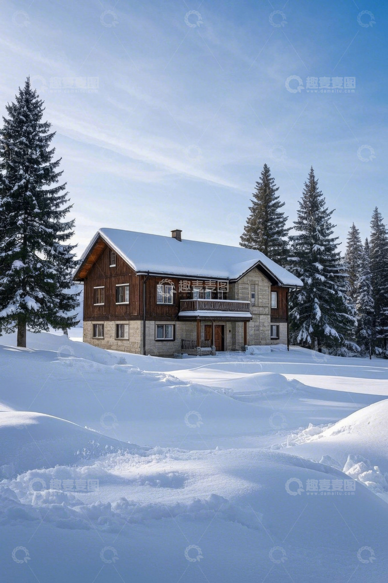 高清大图下载【趣麦麦图】雪覆盖的山间木屋