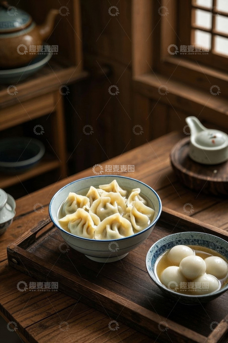 高清大图下载【趣麦麦图】中式木桌摆放饺子与汤圆