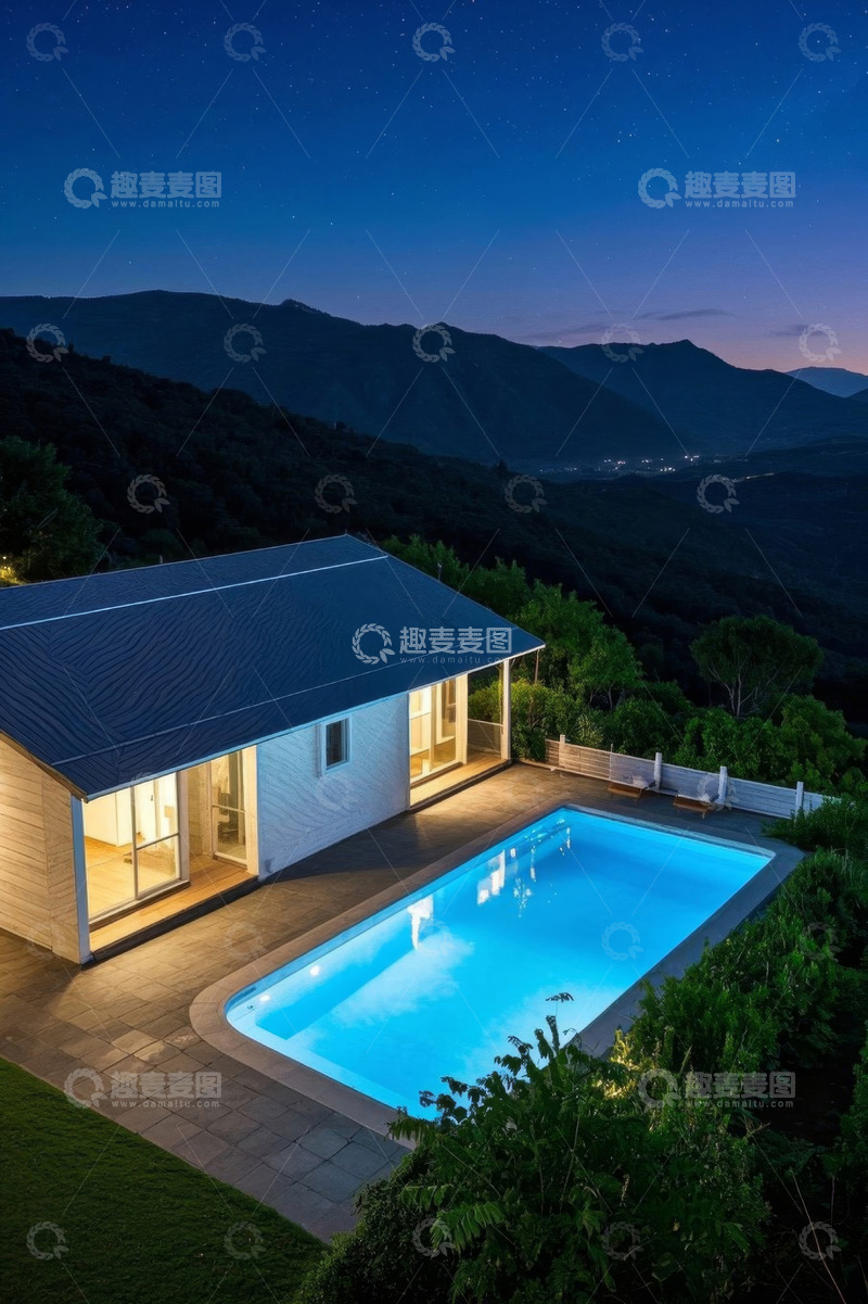高清大图下载【趣麦麦图】山间小屋旁的户外游泳池夜景