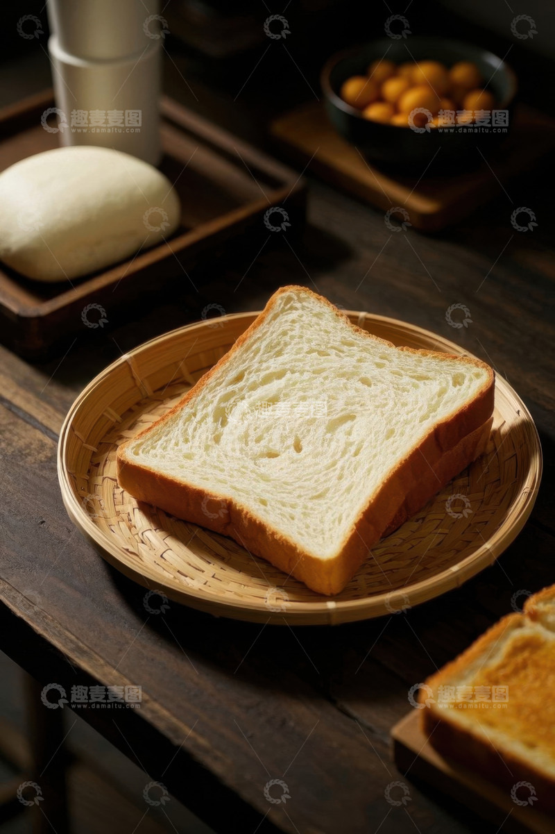 高清大图下载【趣麦麦图】竹盘上的切片面包静物图