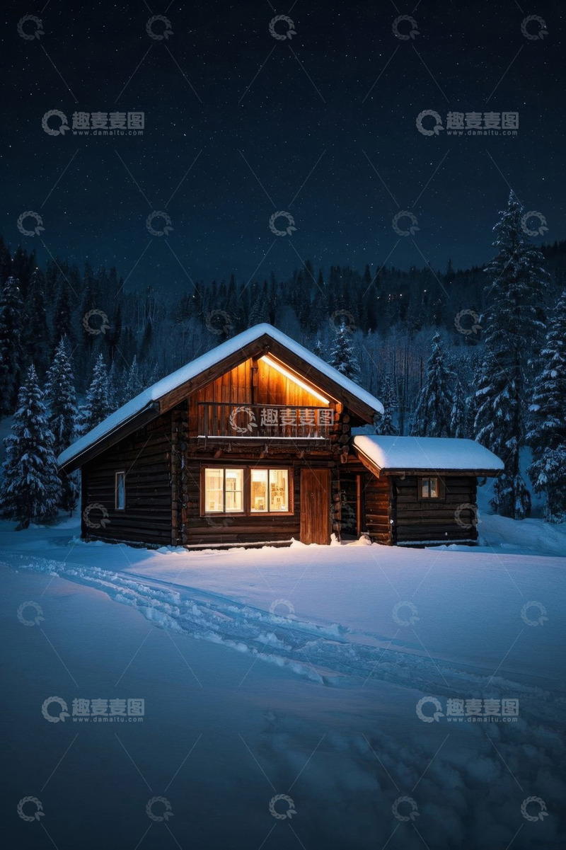 高清大图下载【趣麦麦图】雪夜中亮灯的森林木屋