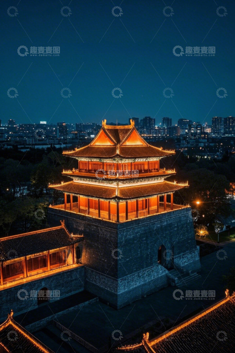高清大图下载【趣麦麦图】夜晚古建筑城楼鸟瞰图