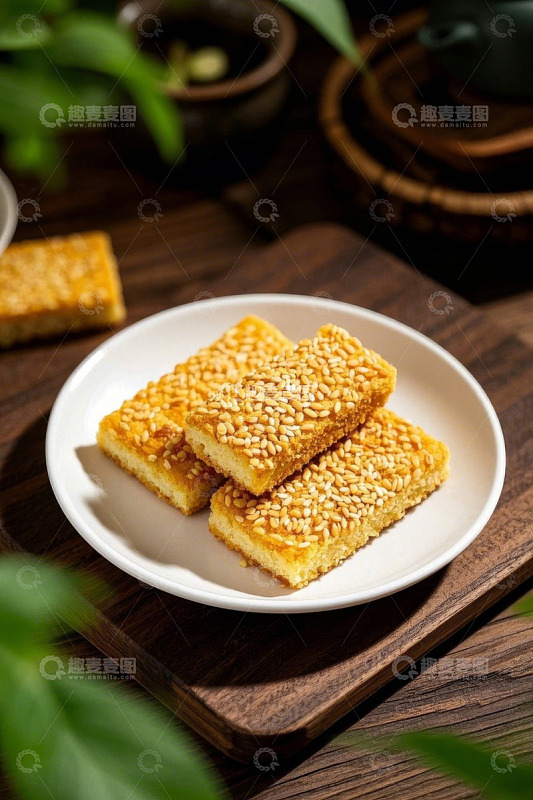 木盘上摆放的芝麻糕点