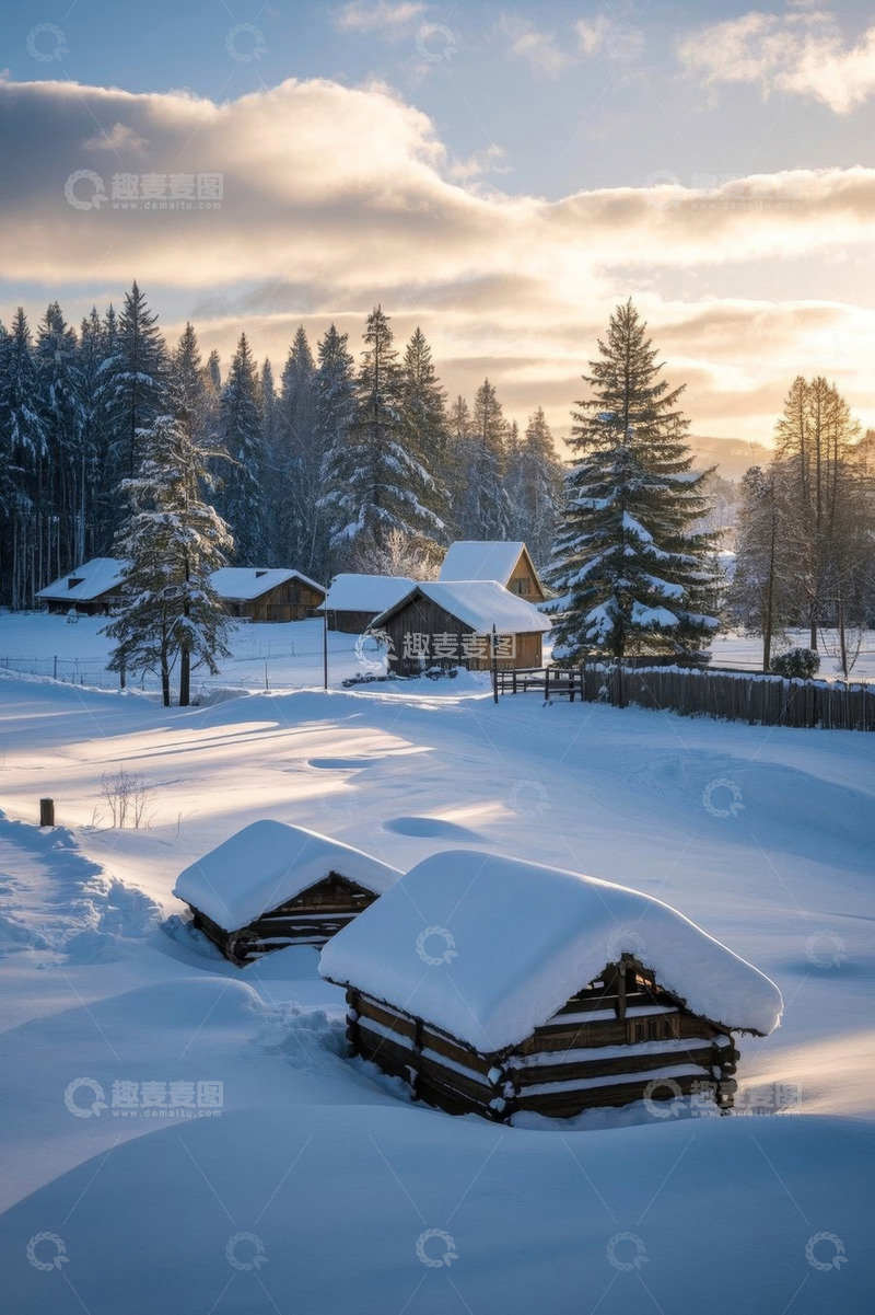 高清大图下载【趣麦麦图】雪覆盖的木屋与森林冬日景象