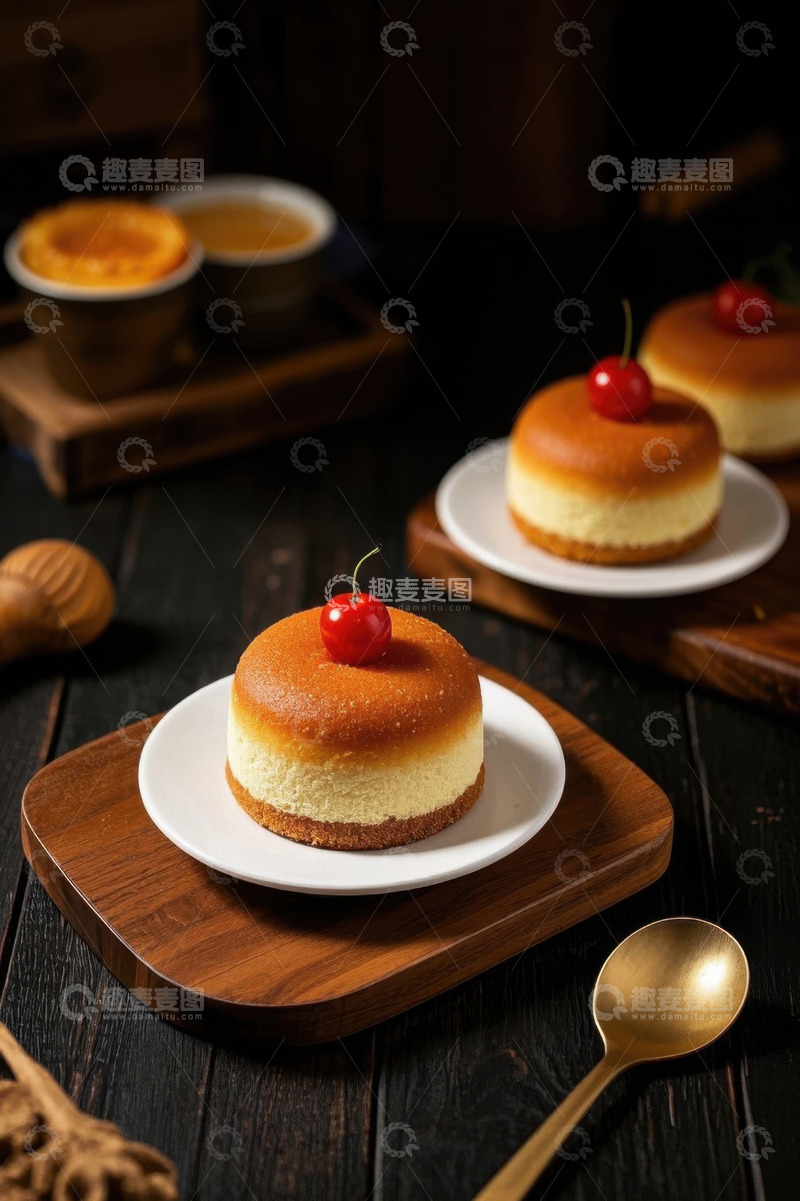 高清大图下载【趣麦麦图】木盘上的樱桃装饰小蛋糕