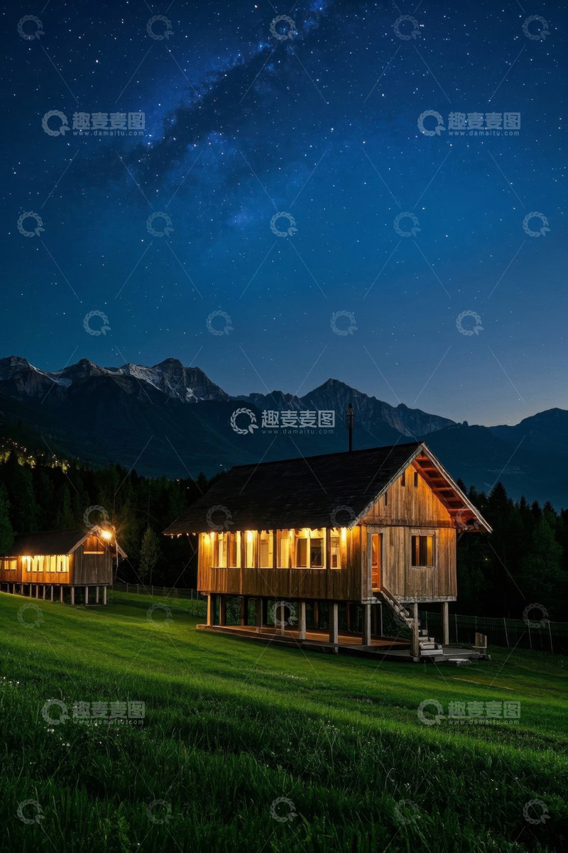 高清大图下载【趣麦麦图】山间木屋夜景星空