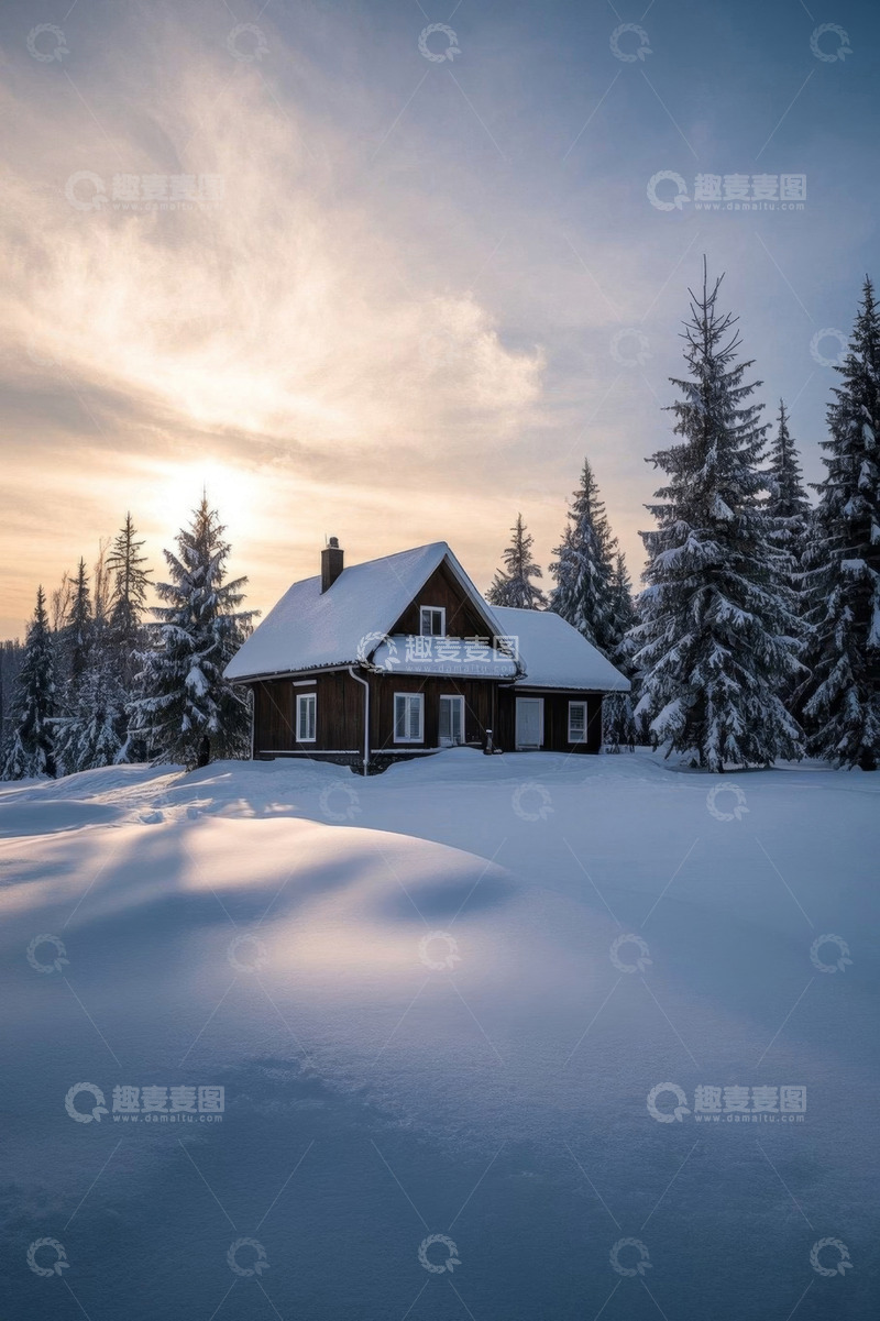 高清大图下载【趣麦麦图】雪后森林中的木屋风光