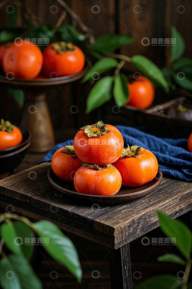 高清大图下载【趣麦麦图】木桌上摆放的新鲜柿子