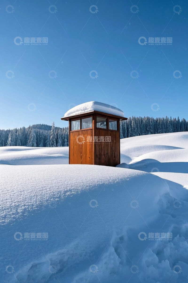 高清大图下载【趣麦麦图】雪地上的木质小屋与森林背景