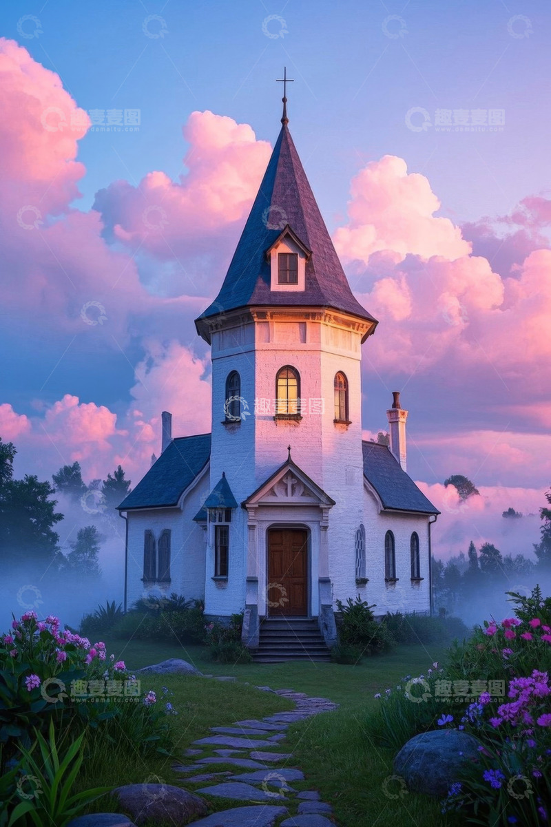 高清大图下载【趣麦麦图】黄昏时梦幻白色教堂景观