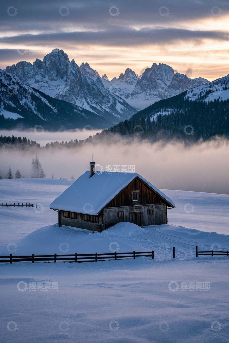 高清大图下载【趣麦麦图】雪山下的雪中小屋风景