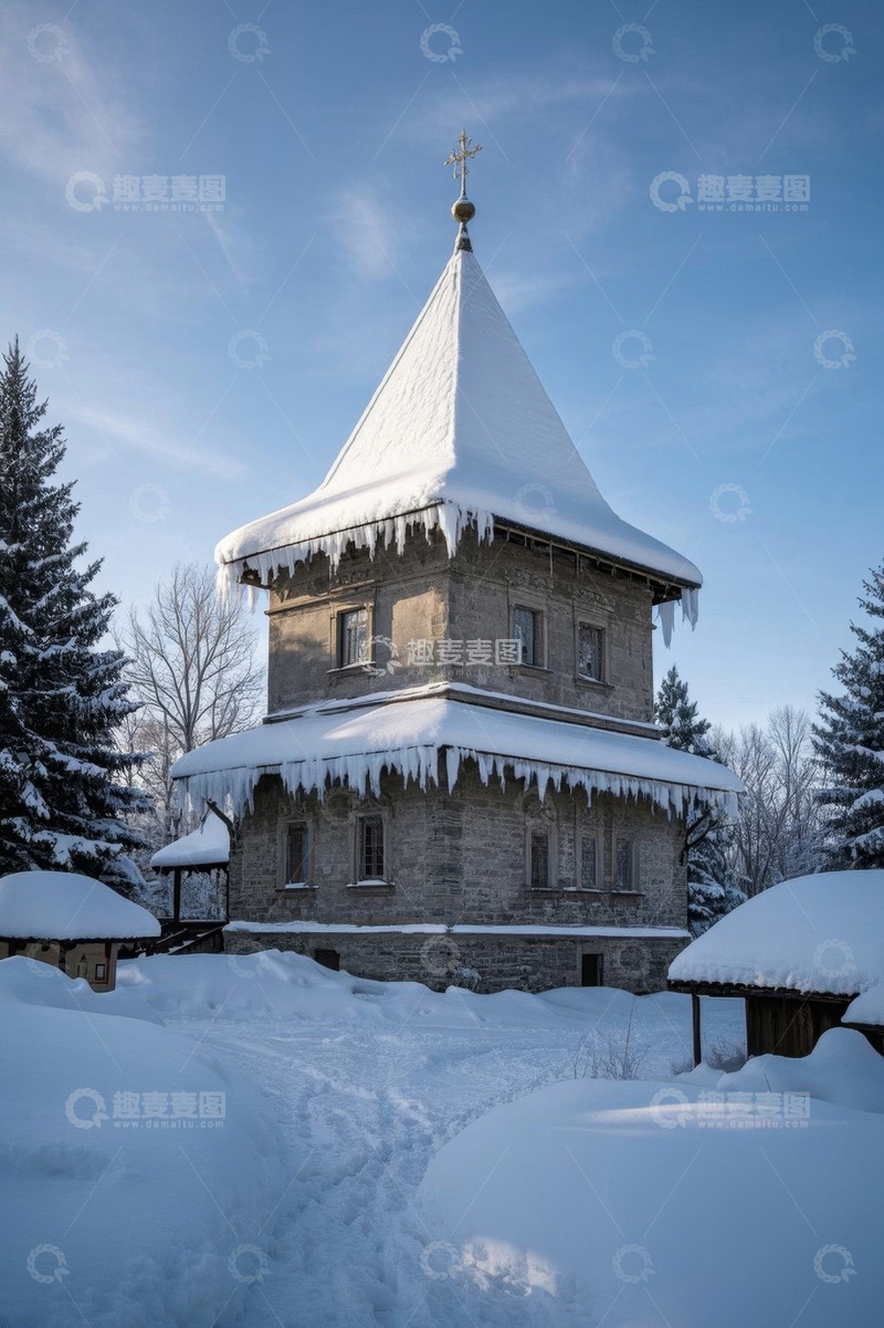 高清大图下载【趣麦麦图】积雪覆盖的古老塔楼冬日景象