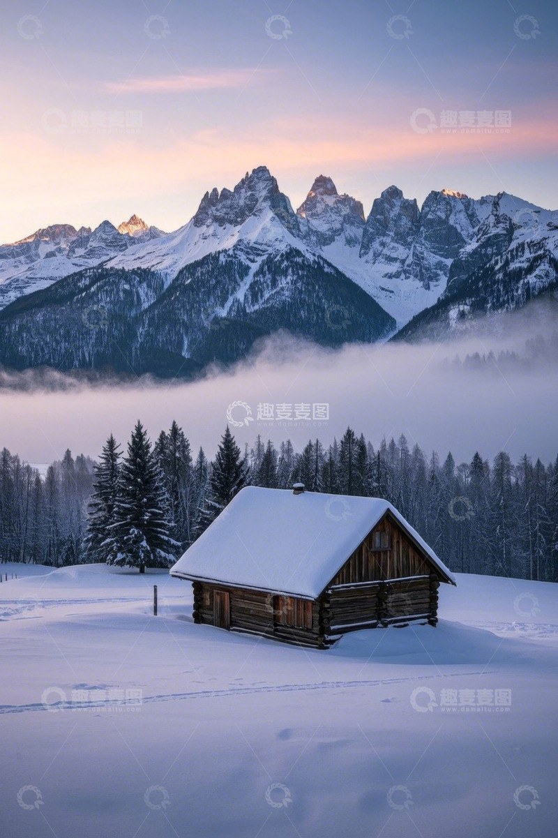 高清大图下载【趣麦麦图】雪中山间木屋与森林景观