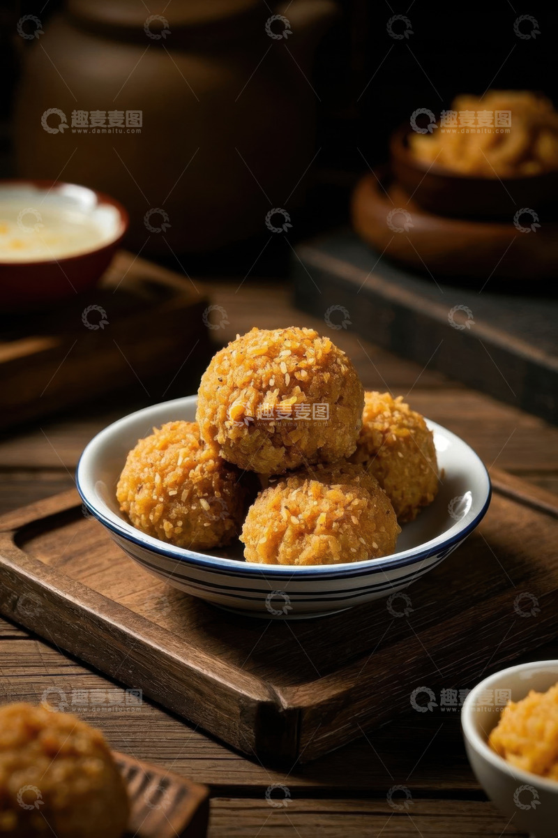 高清大图下载【趣麦麦图】木盘上碗装的美味油炸肉丸