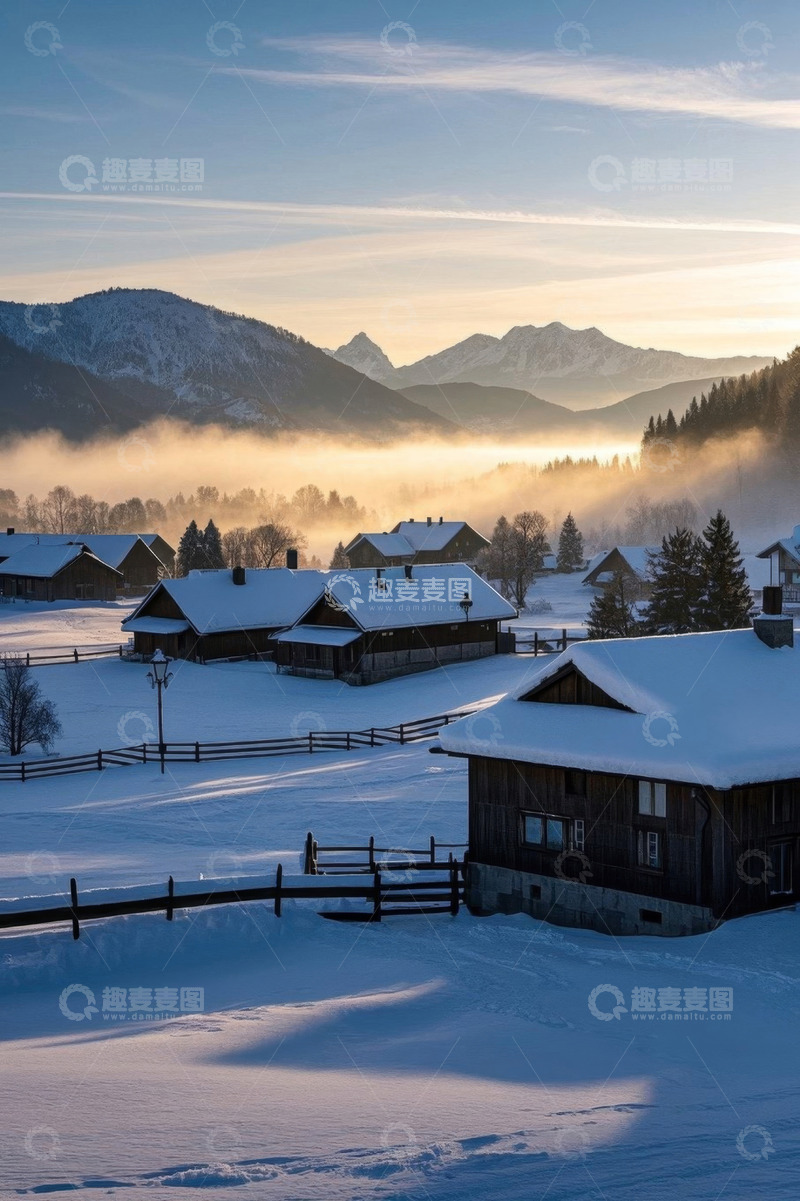 高清大图下载【趣麦麦图】雪后山村晨曦全景