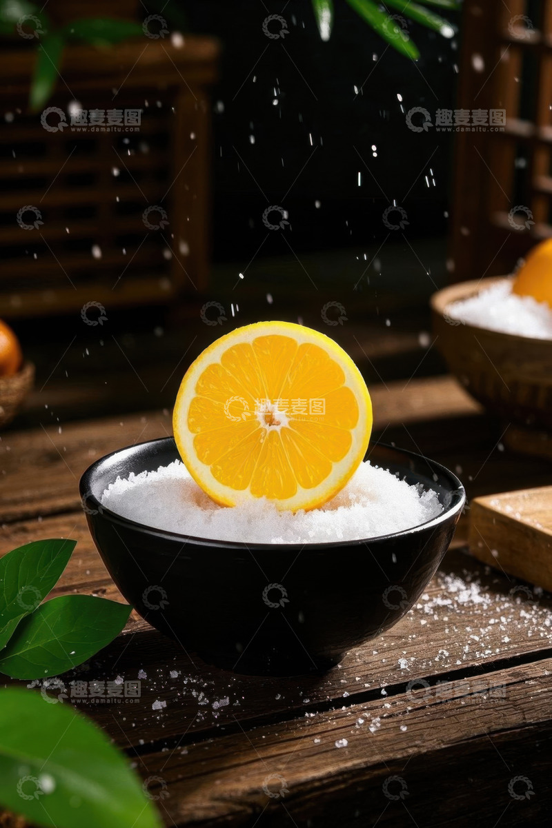 高清大图下载【趣麦麦图】木桌上黑碗中放置的橙子切片
