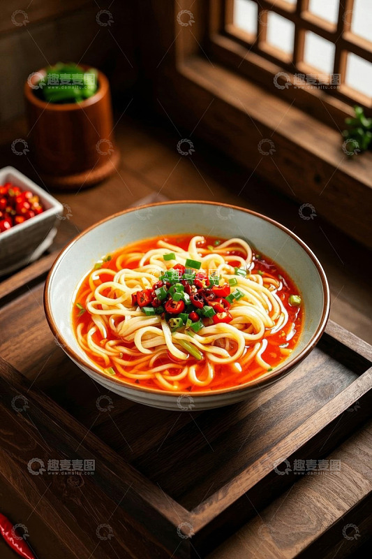 中式木桌摆放香辣面条