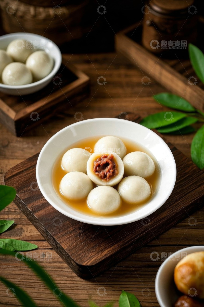 高清大图下载【趣麦麦图】木桌上碗装的肉馅汤圆